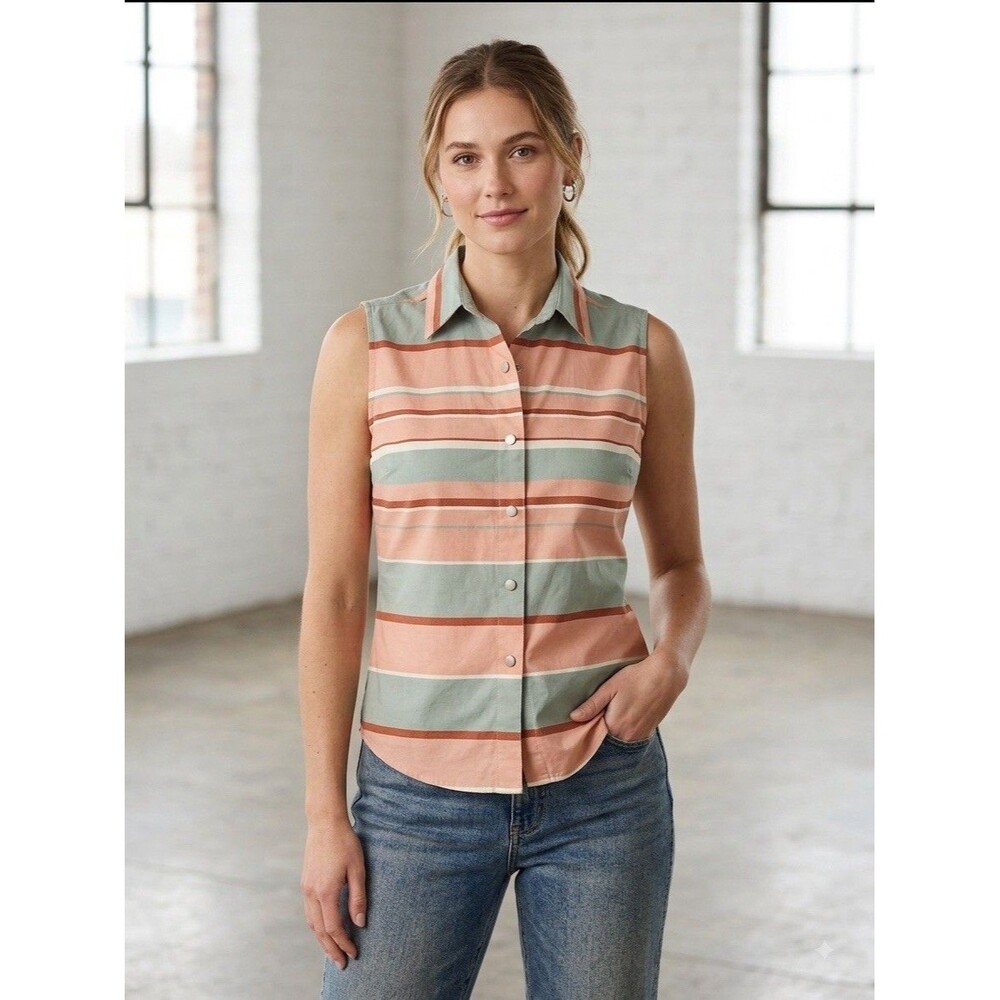Vintage Wrangler Western Shirt Women L Striped Sleeveless Snap Button NWT